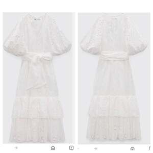 Zara Belted Embroidered Midi Dress with Balloon Sleeves in Oyster White